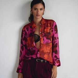 Anthropologie Brielle Contrast Floral Blouse Pink Button Down L